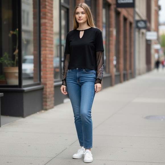 Black Mesh Rhinestones Long Sleeve Top
New - Picture 1 of 10